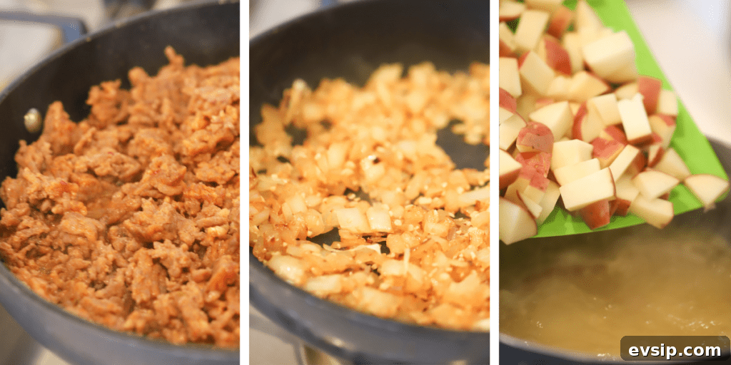 Three photos showing sausage being cooked, onions being cooked and potatoes being added to soup in a pot. how to make chicken tuscan soup recipe; soup tuscan.