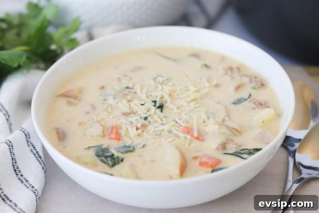 A bowl full of creamy Tuscan soup garnished with shredded cheese. chicken Tuscany soup recipe; recipe Tuscan soup.