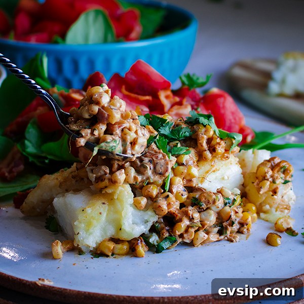 Skillet-Seared Cod with Creamy Corn Relish and Lemon Garlic Sauce 5 Spooning creamy corn relish over skillet cooked cod fillets.