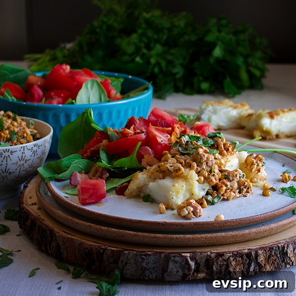 Skillet-Seared Cod with Creamy Corn Relish and Lemon Garlic Sauce 6 Skillet cooked cod fillets with creamy corn relish and tomato salad.