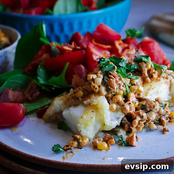 Skillet cooked cod fillets with creamy corn relish and tomato salad.