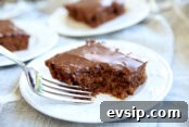 a piece of chocolate cake with a bite taken out of it and a fork on the plate. There are two more plates in the back ground each with a piece of cake on them.