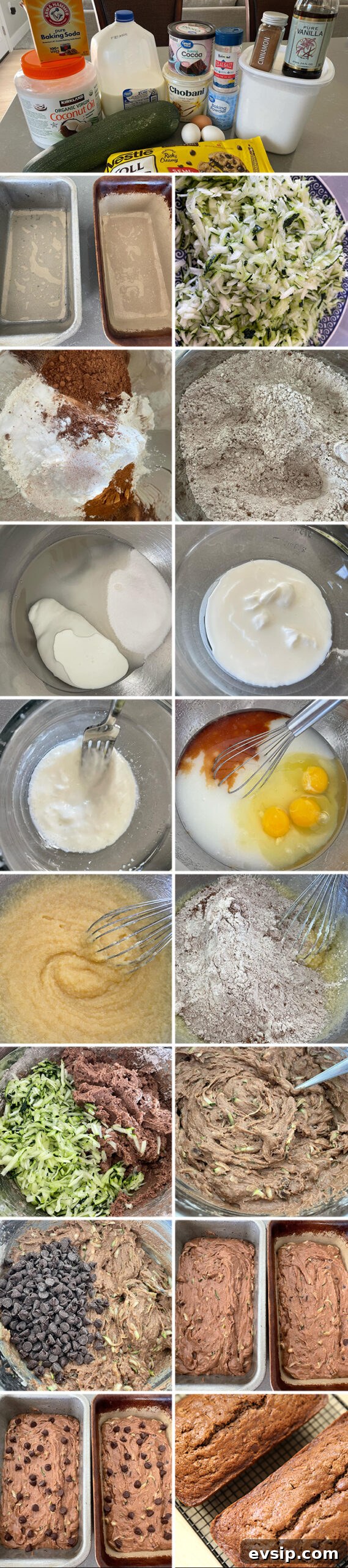 17-photo picture collage of step-by-step photos of how to make chocolate zucchini bread.