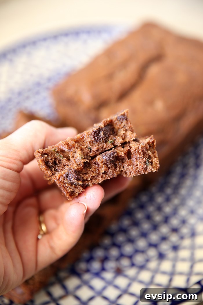 A dark blue and white bubble patterned Polish pottery plate with a lattice patterned edge with partially sliced chocolate zucchini bread loaf. A slice of chocolate zucchini bread broken in half is held above the plate.