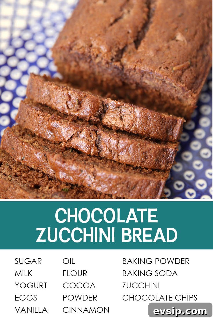 Pinterest picture with the text of the title separating the ingredients list and the photo of a partially sliced loaf of chocolate zucchini bread sitting on a dark blue and white bubble patterned Polish pottery plate.
