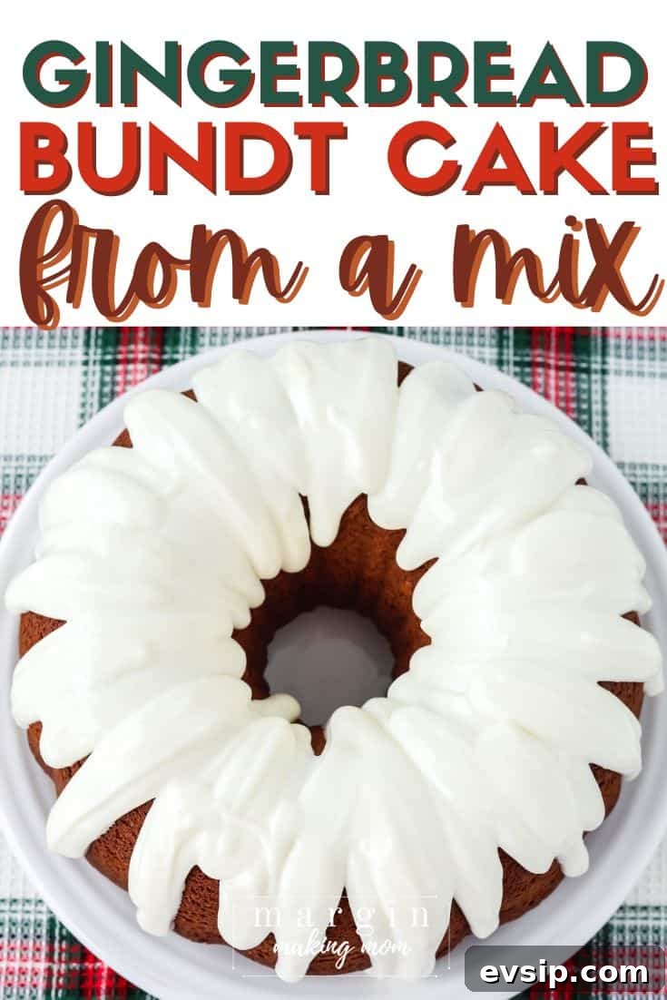 overhead view of a gingerbread bundt cake made from a cake mix, topped with cream cheese icing and served on a white plate.