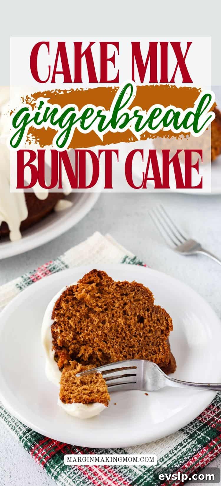 a fork cuts a bite out of a slice of gingerbread cake made from a mix, served on a white plate.