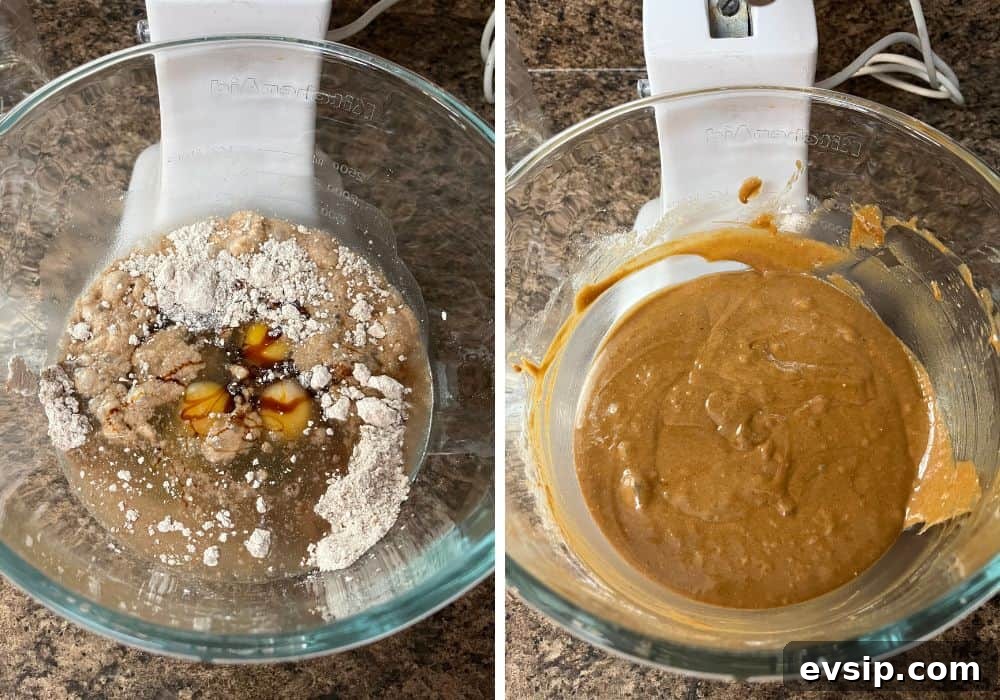 two photos; one shows ingredients combined in a glass mixing bowl, the other shows the ingredients mixed together into a gingerbread batter.