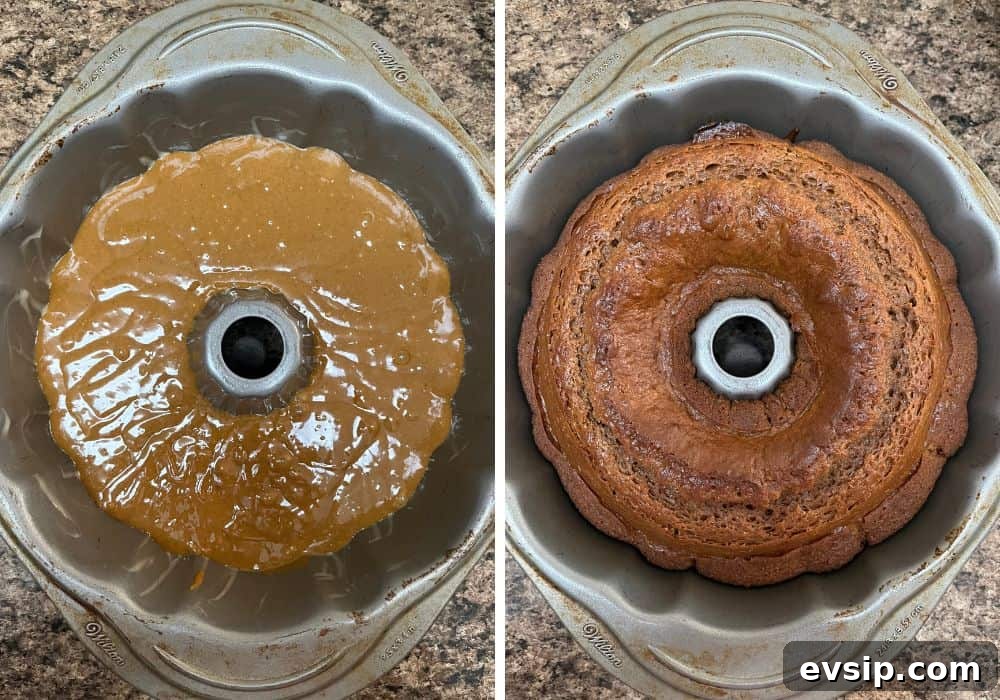 two photos; one shows gingerbread cake batter in a bundt pan; the other shows the freshly baked cake still in the pan.