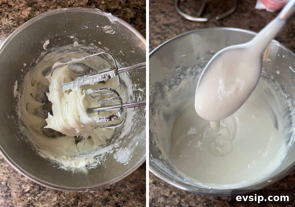 two photos; one shows butter, cream cheese, vanilla extract, and powdered sugar mixed together in a small mixing bowl. The other shows a spoon lifting out some of the icing after the milk has been added.