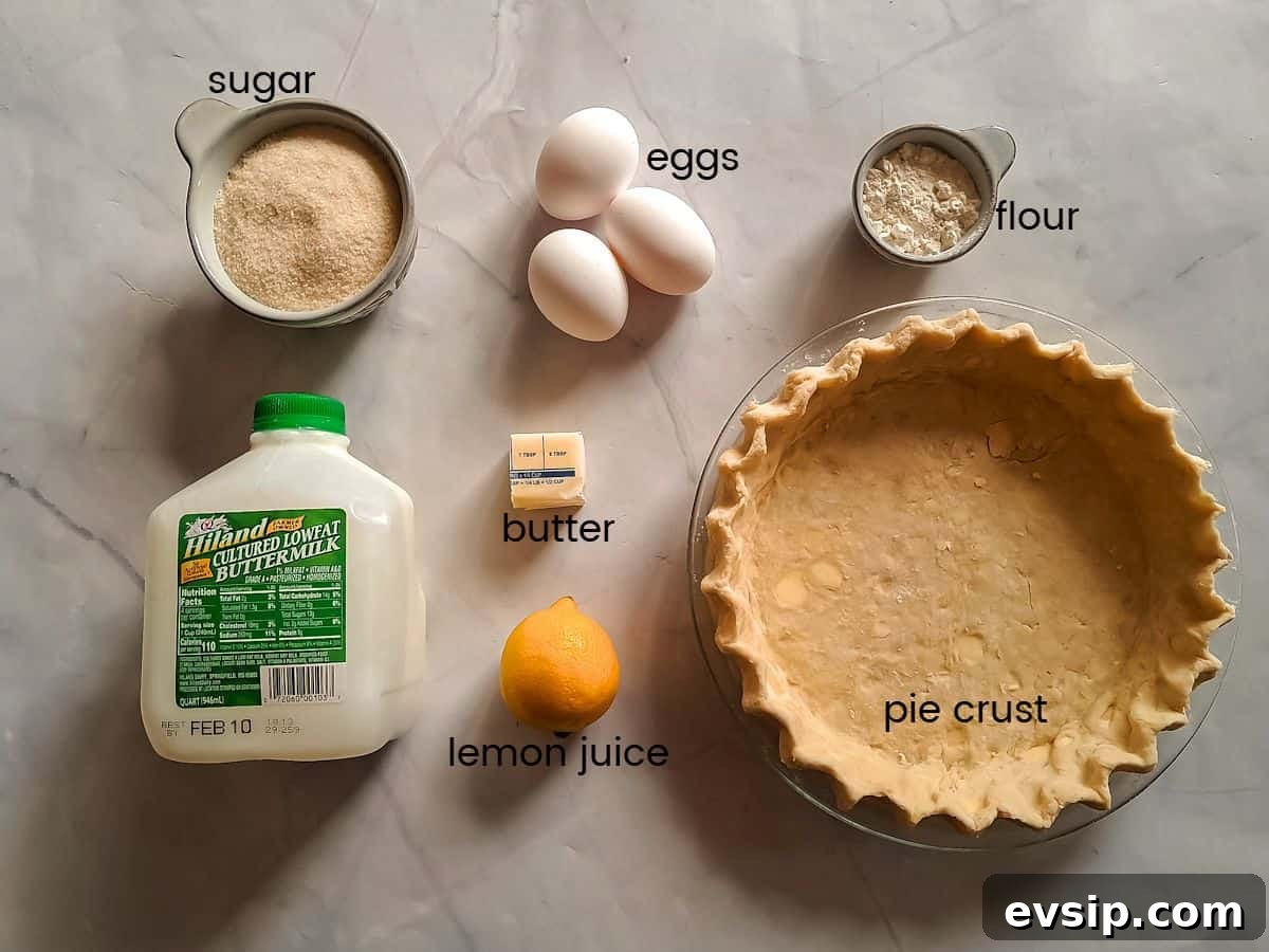 Ingredients: buttermilk, butter, eggs, flour, sugar, lemon juice, and pie crust.