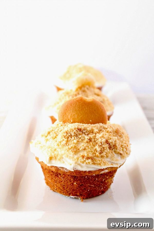 banana cupcakes topped with vanilla buttercream and crumbled vanilla wafer cookies.