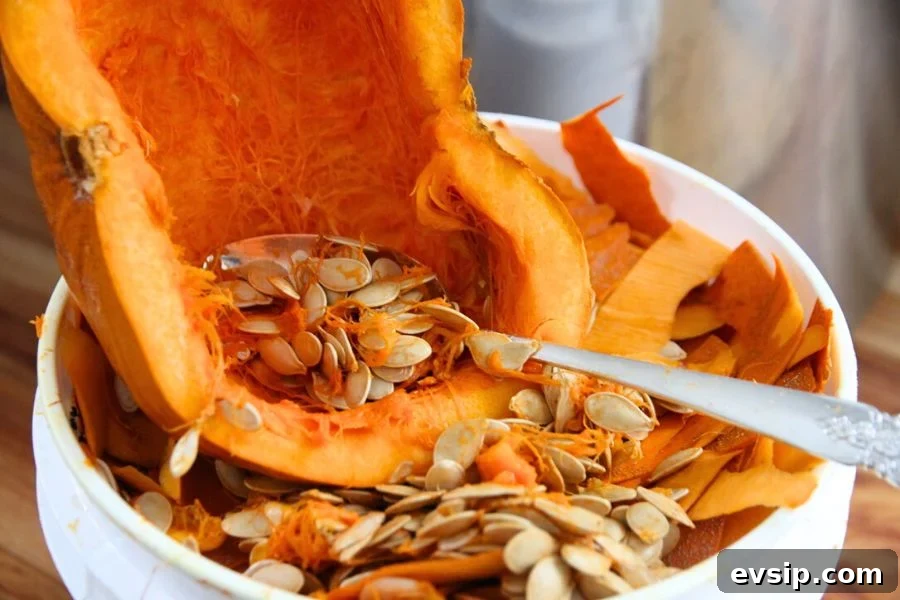 Half a pumpkin with seeds being scraped into a compost pail with a metal spoon.