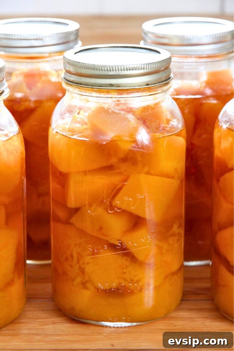 Quart jars of fresh canned pumpkin in cubes.