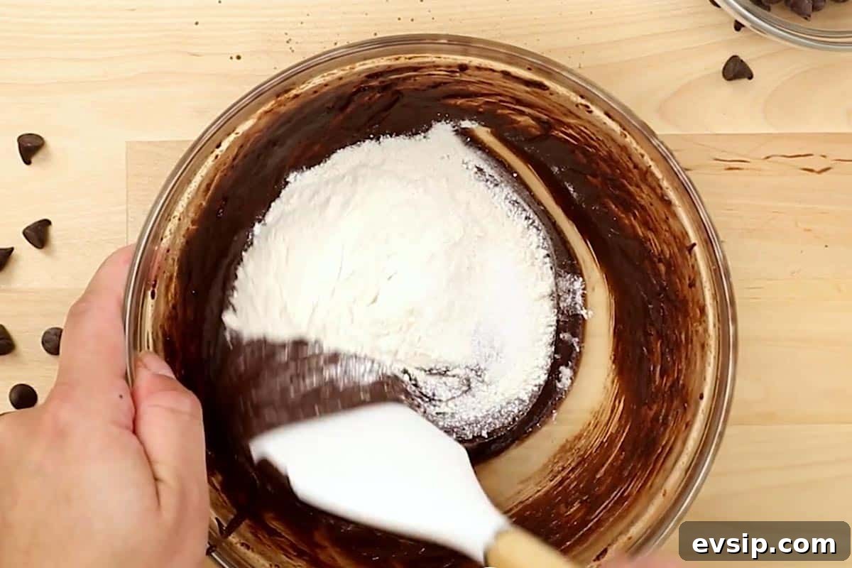 Chewy Chocolate Chip Brookie Recipe: Brownie-Cookie Mashup 6 Folding in the flour and salt in the batter.