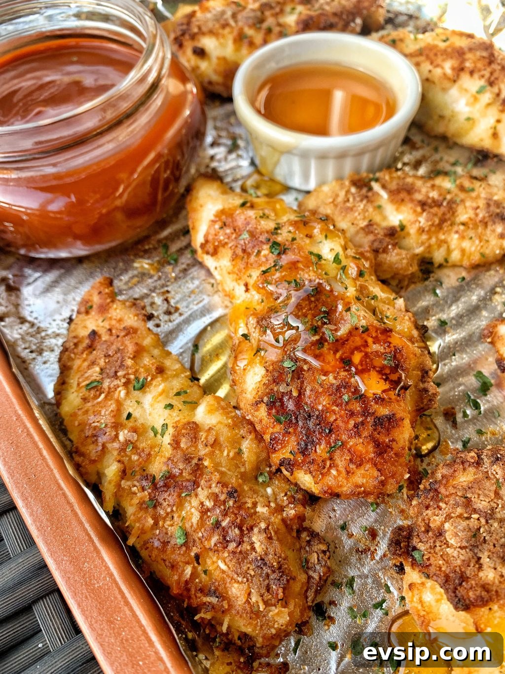 Crispy Pancake-Battered Chicken Tenders Recipe 5 Oven baked parmesan chicken tenders drizzled with honey