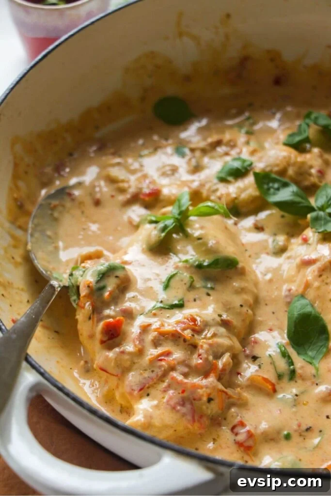 Close up of chicken breasts in creamy sundried tomato sauce.