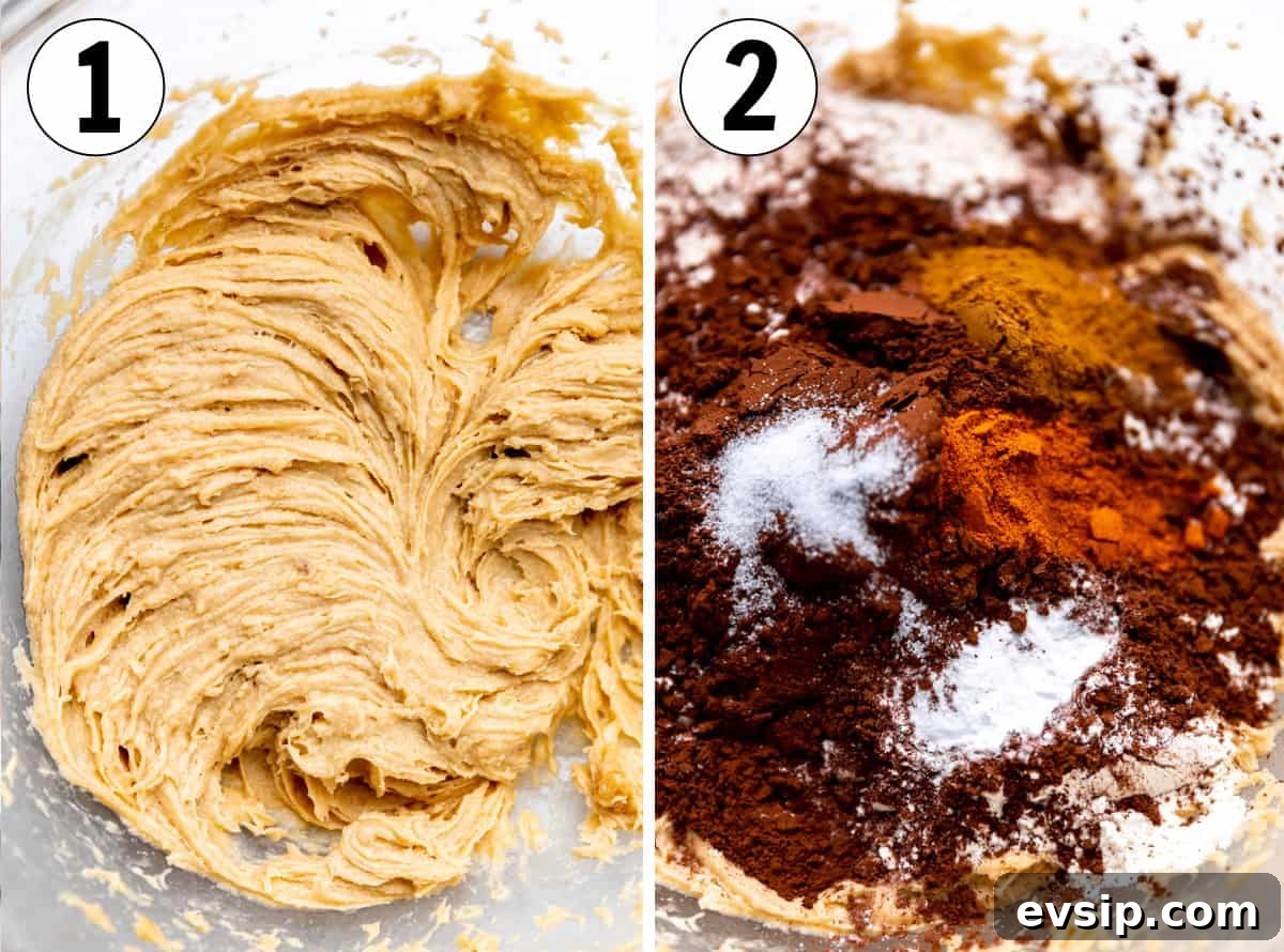 How to make Mexican Hot Chocolate cookies, showing mixing cookie dough and adding cocoa, cinnamon, chili powder, salt and baking soda.