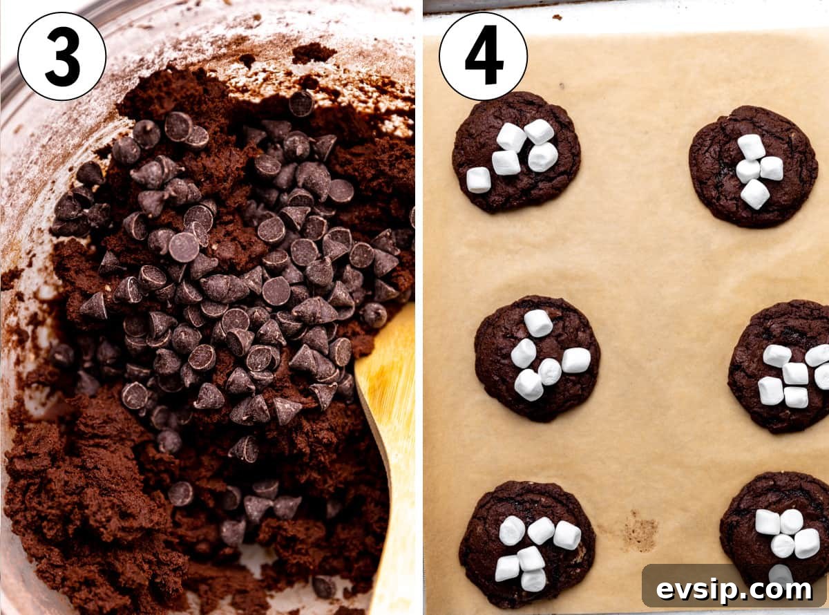 How to make mexican hot chocolate cookies, adding chocolate chips to cookie dough. Placing marshmallows on top to bake.