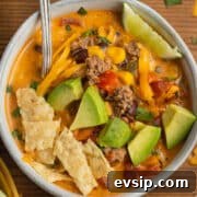 This is a square picture of creamy beef taco soup.