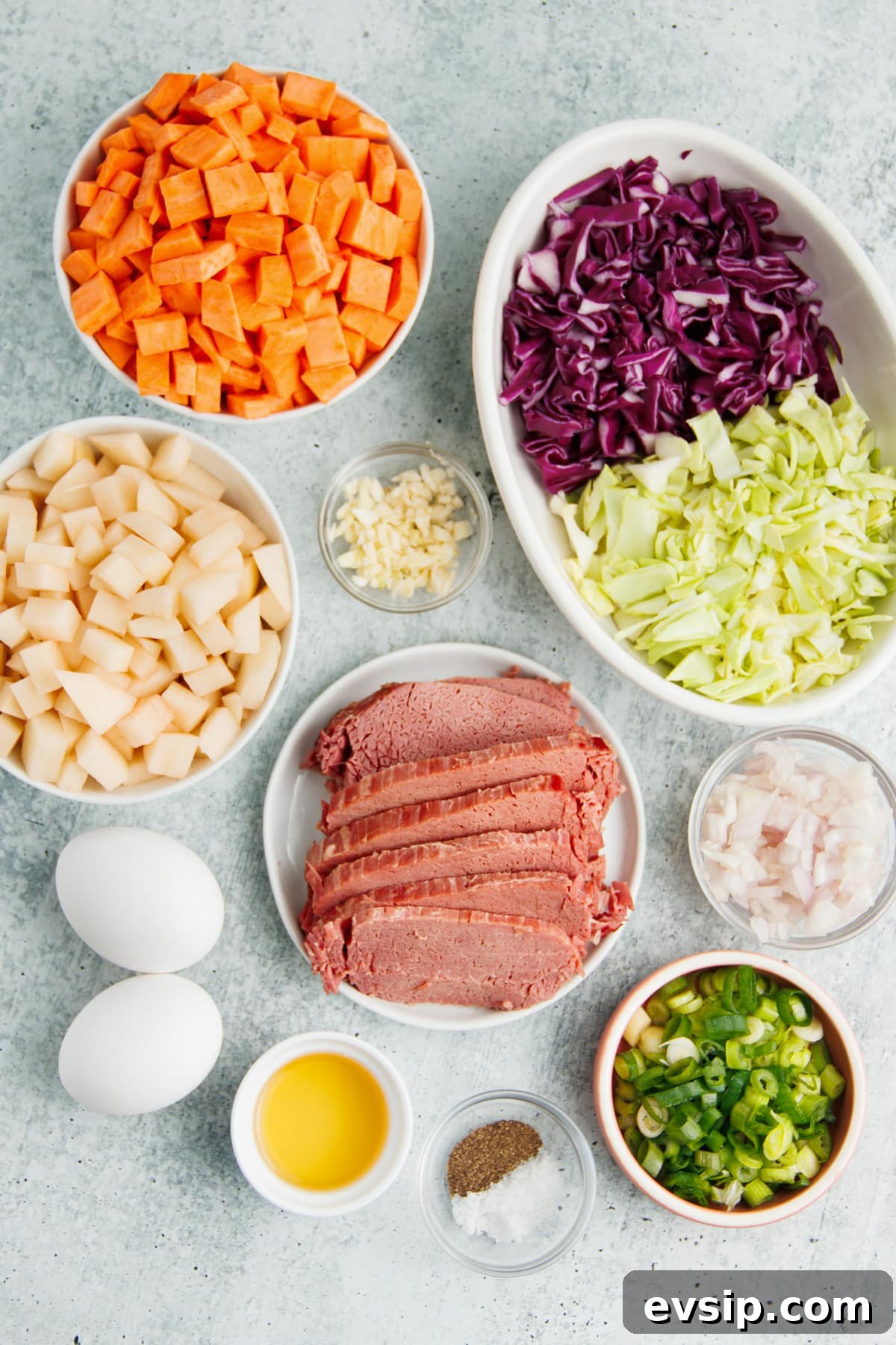 Corned Beef Hash and Poached Eggs Breakfast Recipe 3 This is a picture of all the ingredients used to make this recipe.