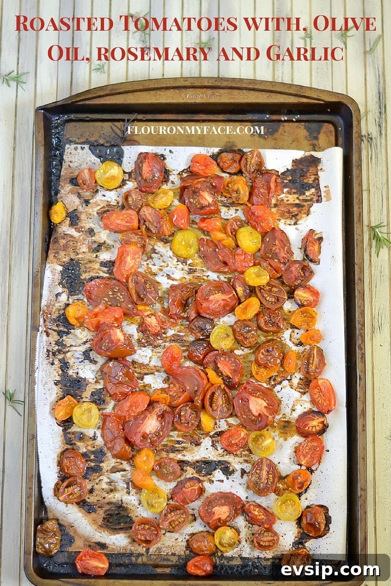 Roasted tomatoes with olive oil, fresh rosemary and garlic Roasted tomatoes with olive oil, fresh rosemary and garlic