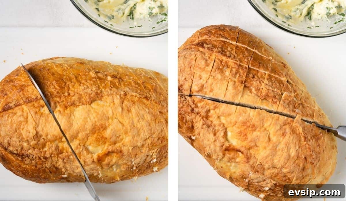 Steps to show how to cut the bread into a crosshatch pattern