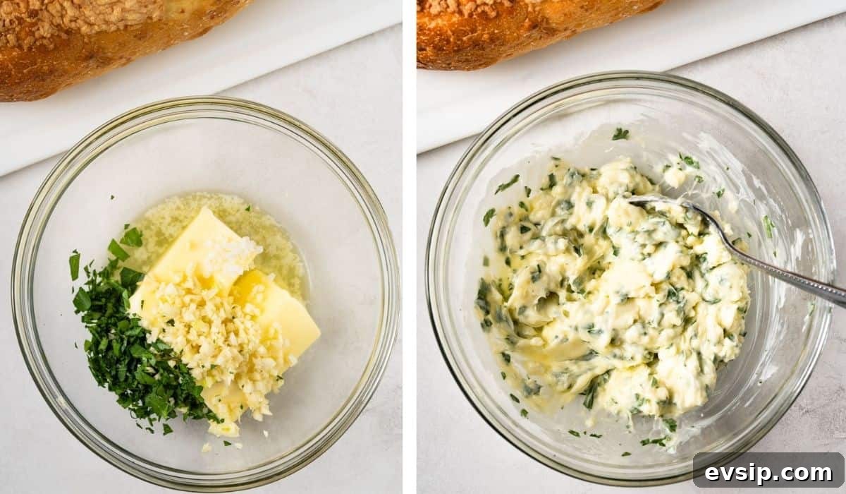 two pictures: First picture showing bowl with butter, olive oil, garlic, salt and parsley. Second picture shows the ingredients mixed together.