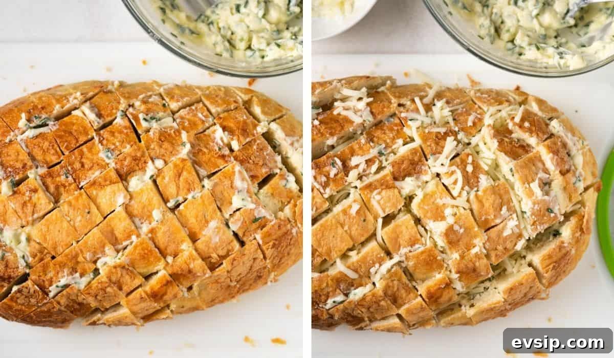 Two pictures showing how to stuff the butter mixture and cheese