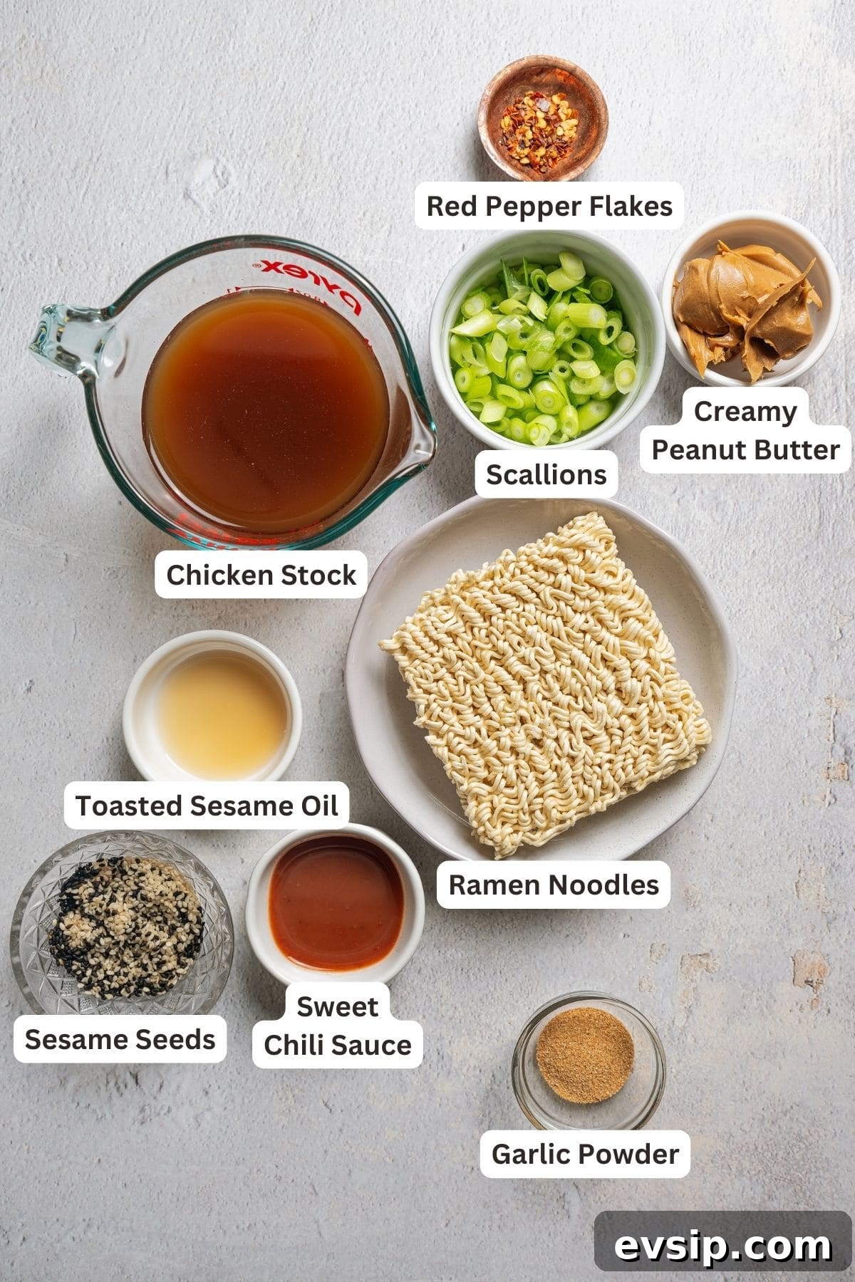 Labeled ingredients for peanut butter ramen.