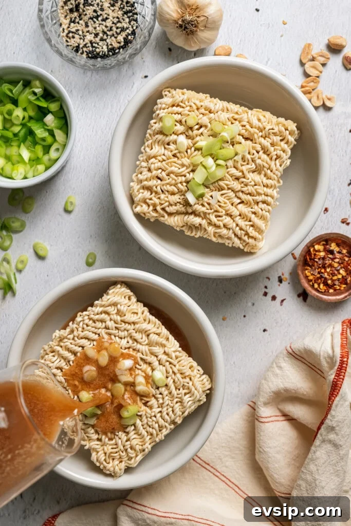 Pouring peanut butter broth over instant ramen.