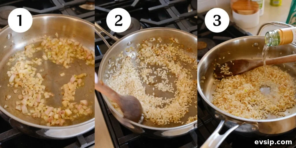 A collage of three photos showing how to make risotto in a pan. The photos show steps one through three.