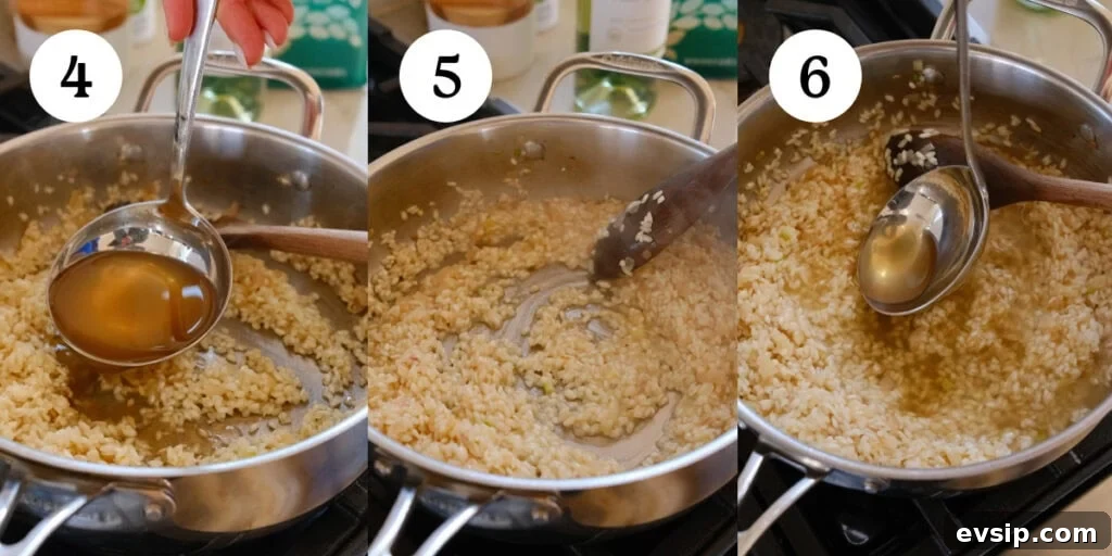 A collage of three photos showing how to make risotto. The photos show steps four through six.
