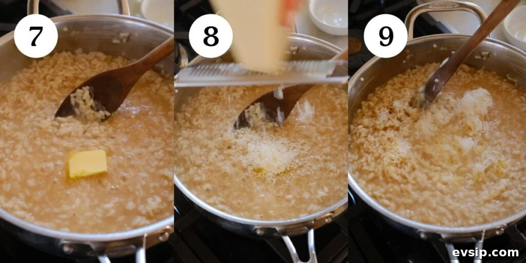 A collage of three photos showing how to make risotto steps seven through nine.