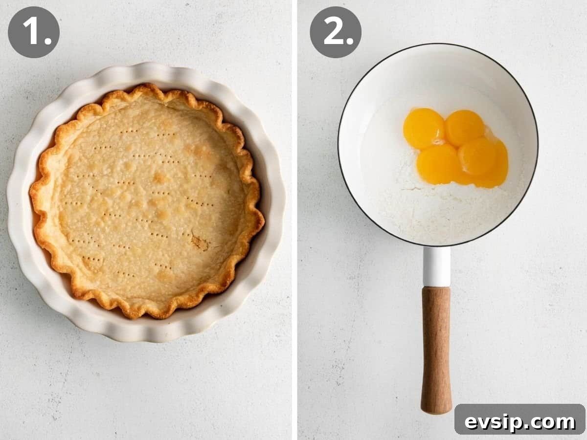 Egg yolks and sugar in a pot, and a coconut cream pie crust in a dish