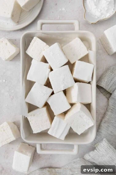 Vanilla bean marshmallows in a baking dish.