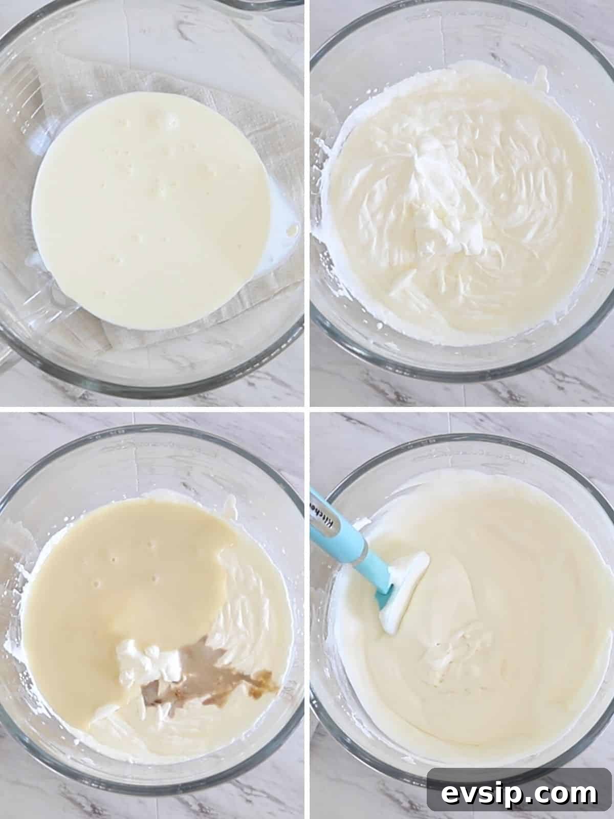 A collage of four images showing how to make basic vanilla ice cream.