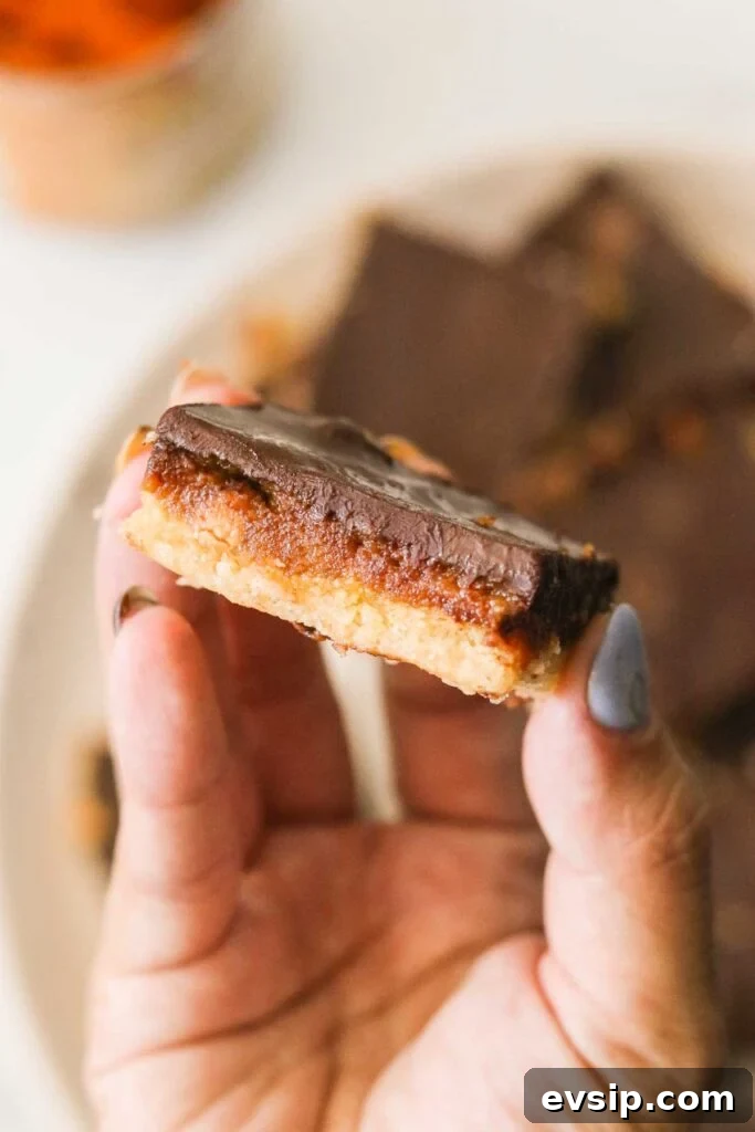 Close up shot of the layers in pumpkin peanut butter bars
