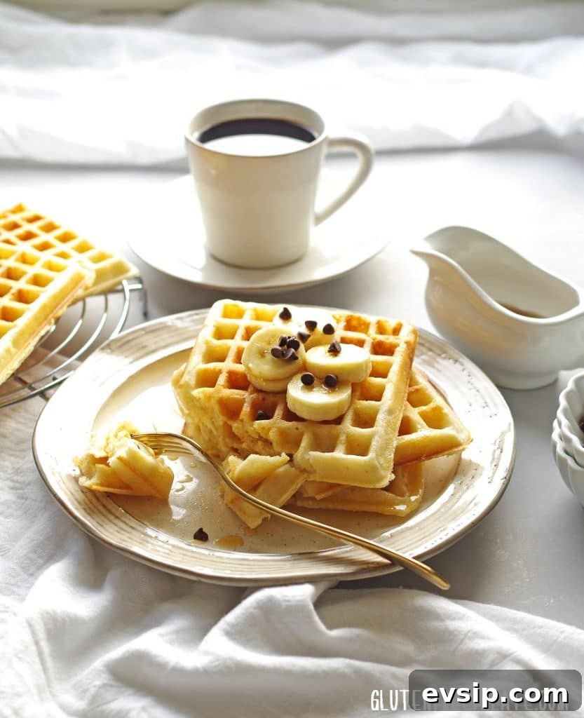 Irresistible Gluten-Free Brunch Recipes You’ll Crave Again 14 Three waffles on a cream colored plate with a bite taken out on a fork, a cup of coffee in the background.