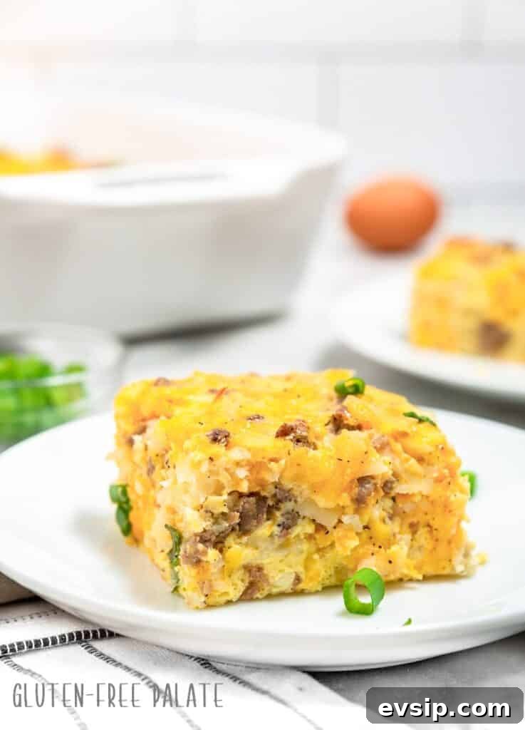 Irresistible Gluten-Free Brunch Recipes You’ll Crave Again 4 A serving of gluten-free breakfast casserole on a white plate.