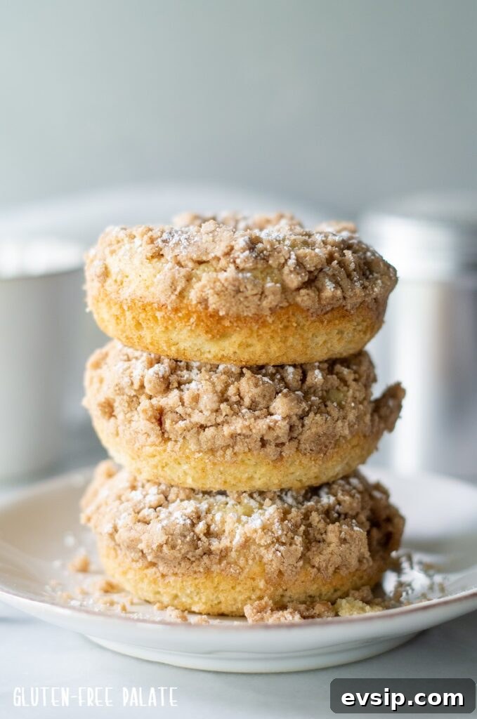 Irresistible Gluten-Free Brunch Recipes You’ll Crave Again 7 Three gluten free crumb donuts stacked on a plate.