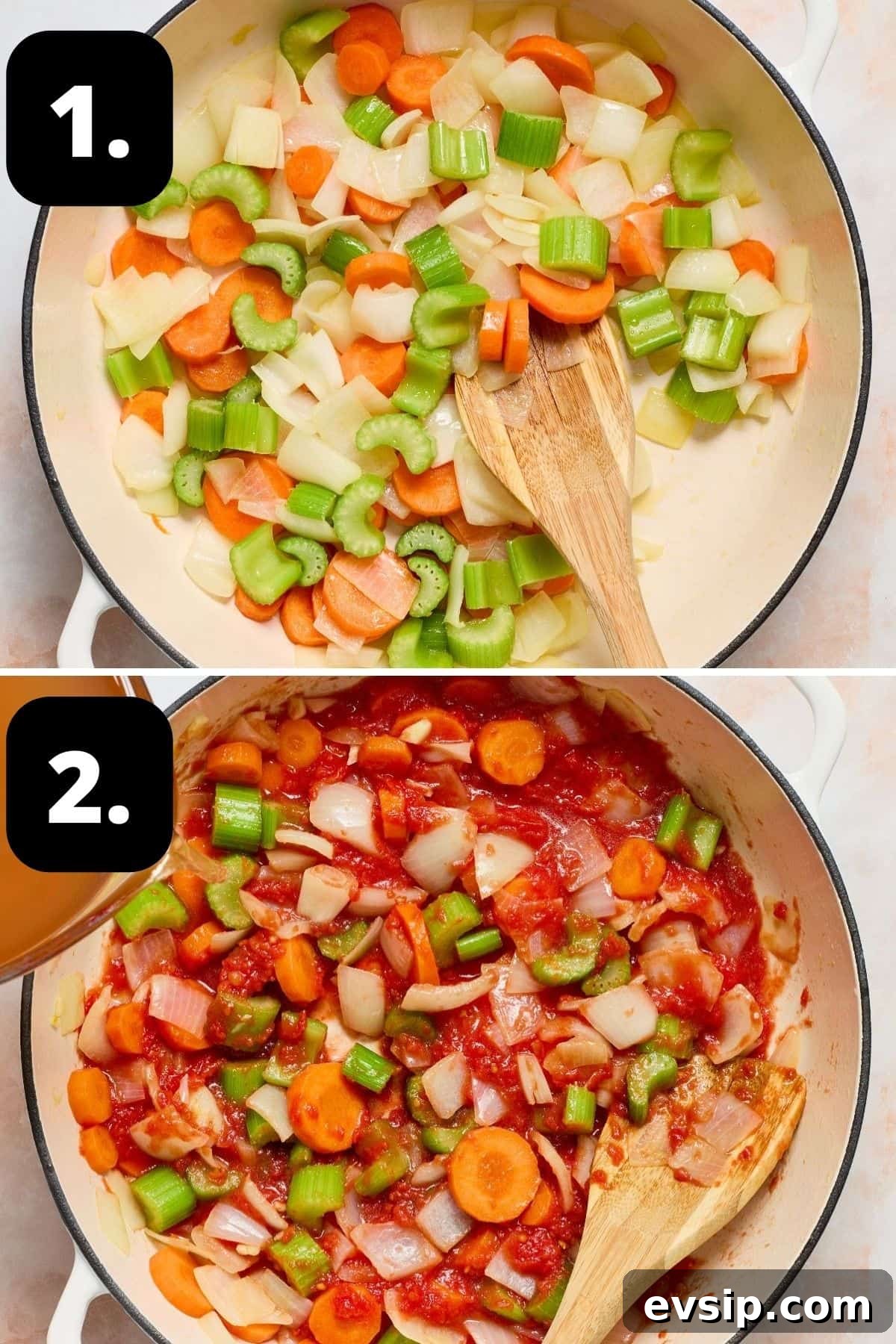 Steps 1-2 of preparing this recipe: sautéing the carrot, celery and onion and adding in the tomato.