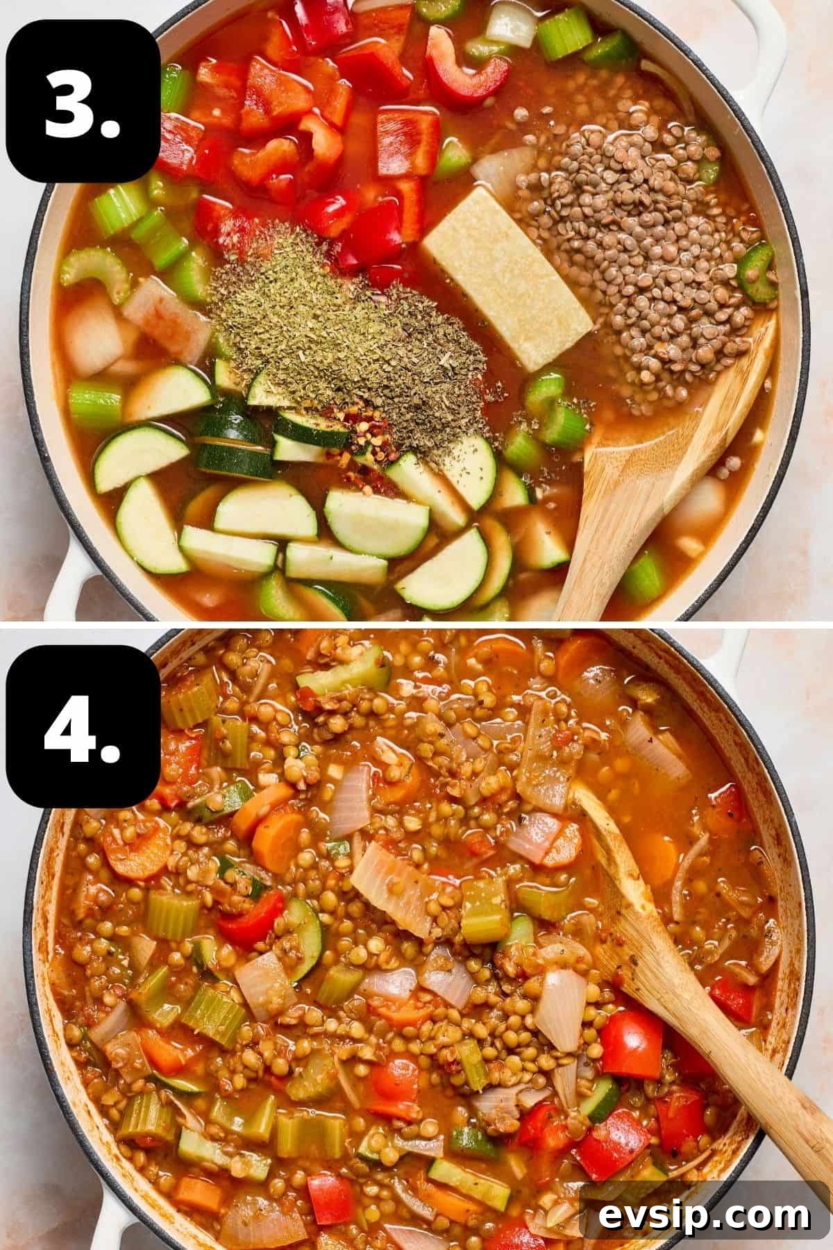 Steps 3-4 of preparing this recipe: the stock and seasonings added to the dish and the cooked stew.
