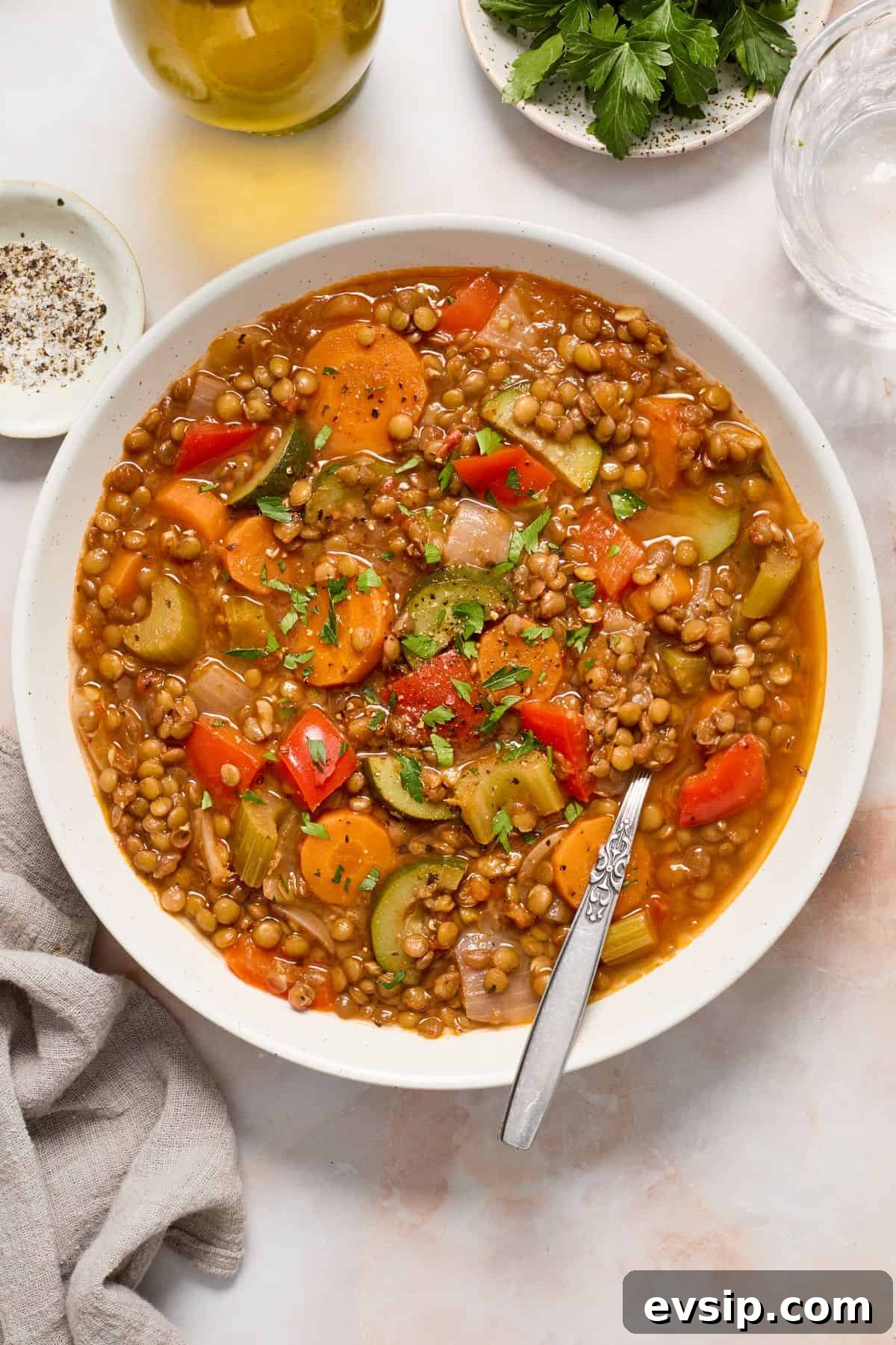Round white dish of Lentil Stew, with a spoon sitting in the dish.