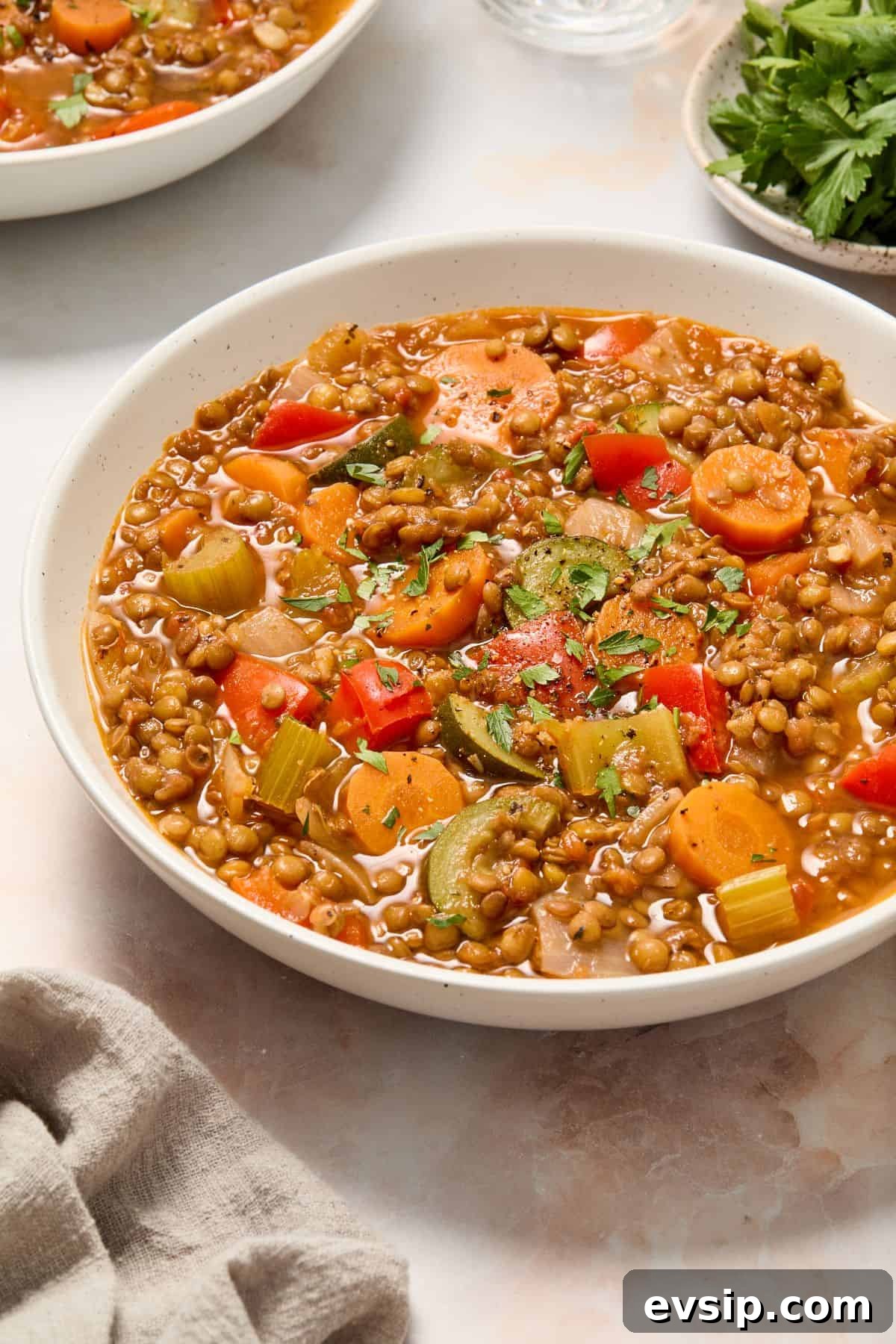 Round white dish of Lentil Stew, with a cloth on the edge of the frame.