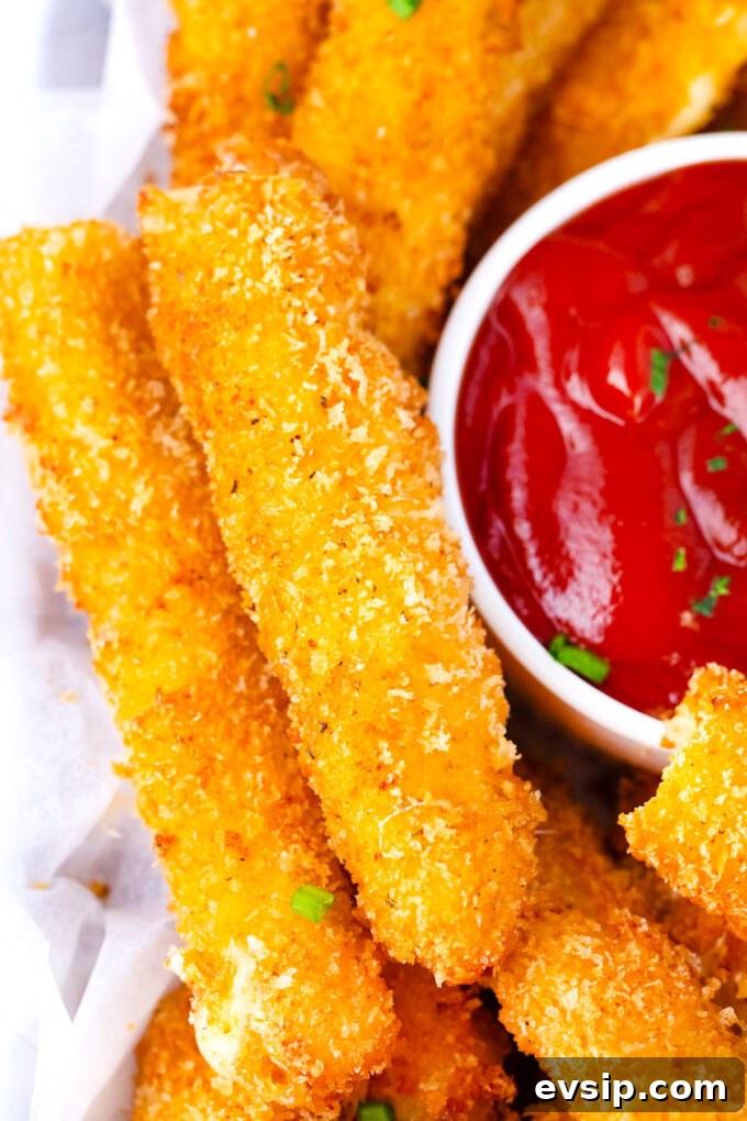 Golden brown crispy fried cheese sticks.