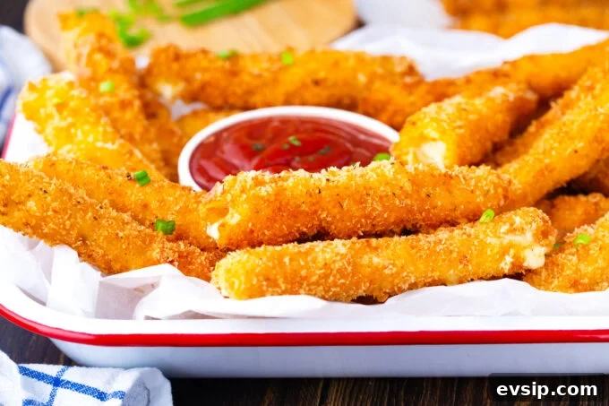 A tray of fried cheese sticks with marinara sauce.