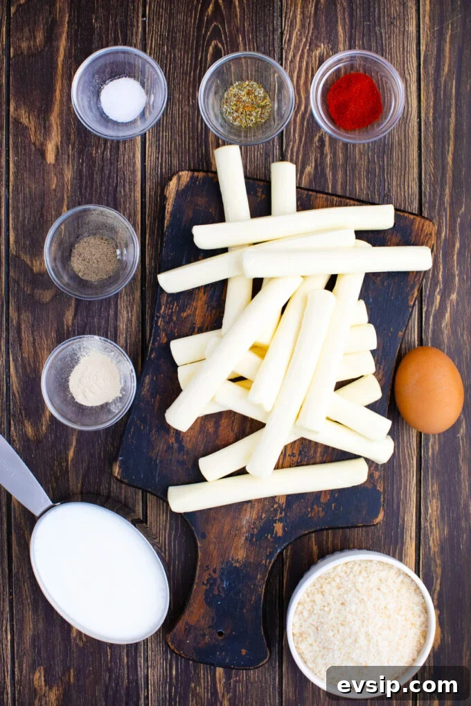 Crispy fried cheese sticks ingredients arranged on a wooden surface.