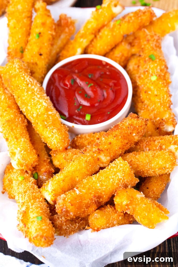 A plate of crispy fried cheese sticks with marinara sauce.
