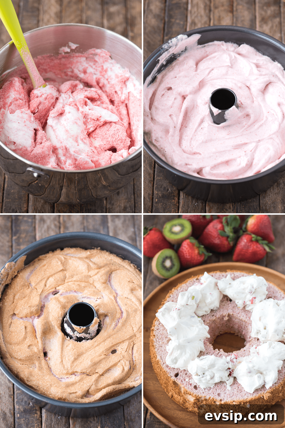 Light and Fluffy Strawberry Angel Food Cake Recipe 4 collage image of how to make strawberry angel food cake batter in mixing bowl and in angel food cake pan